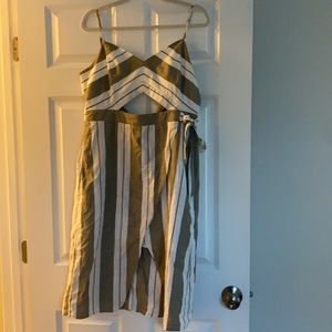Size 10 tan and white striped midi dress